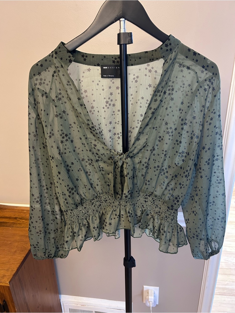 ASOS Olive Green Star Tie-Front Sheer Blouse